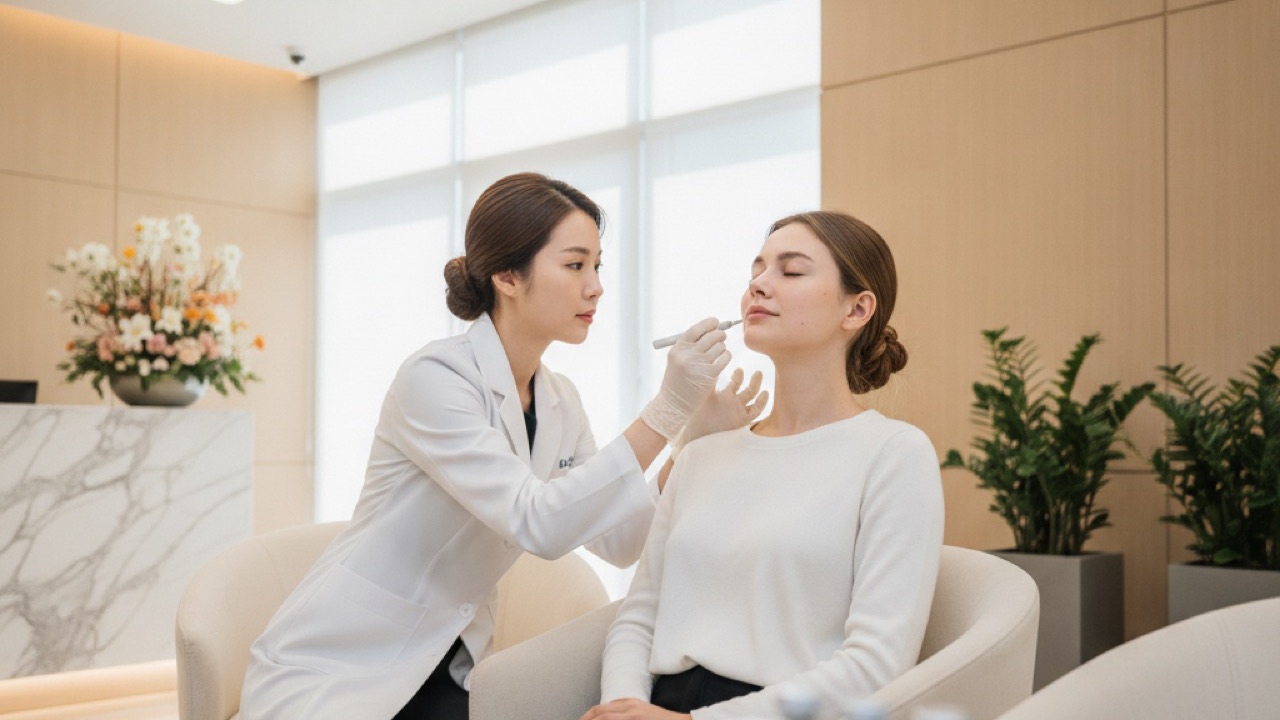 Doctor mapping a patient’s facial contours before a hyaluronic-acid filler treatment at a Seoul dermatology clinic