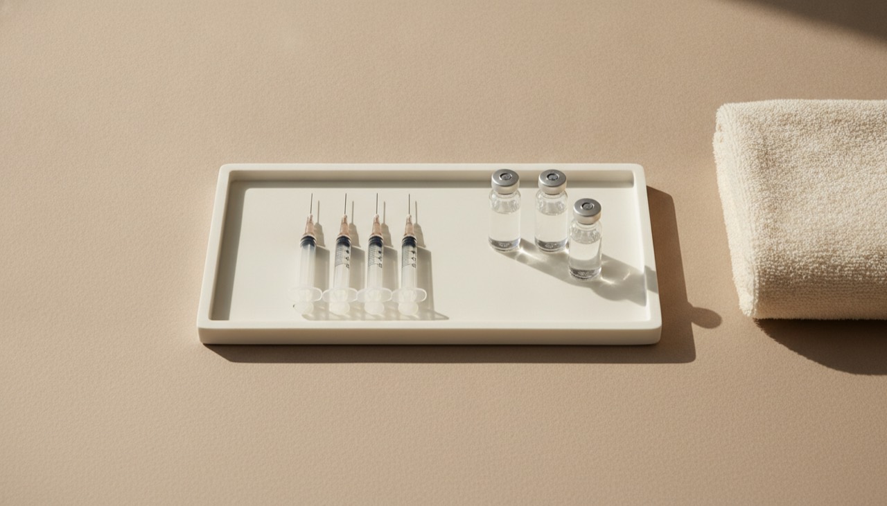 Fine-gauge injection syringes and small vials of clear serum arranged on a clinic tray